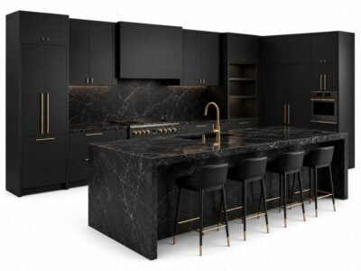 Fotografía de producto de cocina moderna negra. Cocina moderna negra fotografiada como proyecto de interiorismo